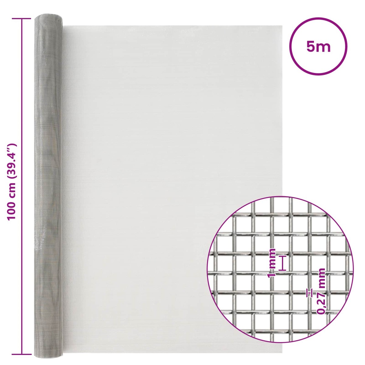vidaXL Πλέγμα Οθόνης 100 x 500 cm 20 Mesh Ανοξείδωτο Ατσάλι 201 Ασημί