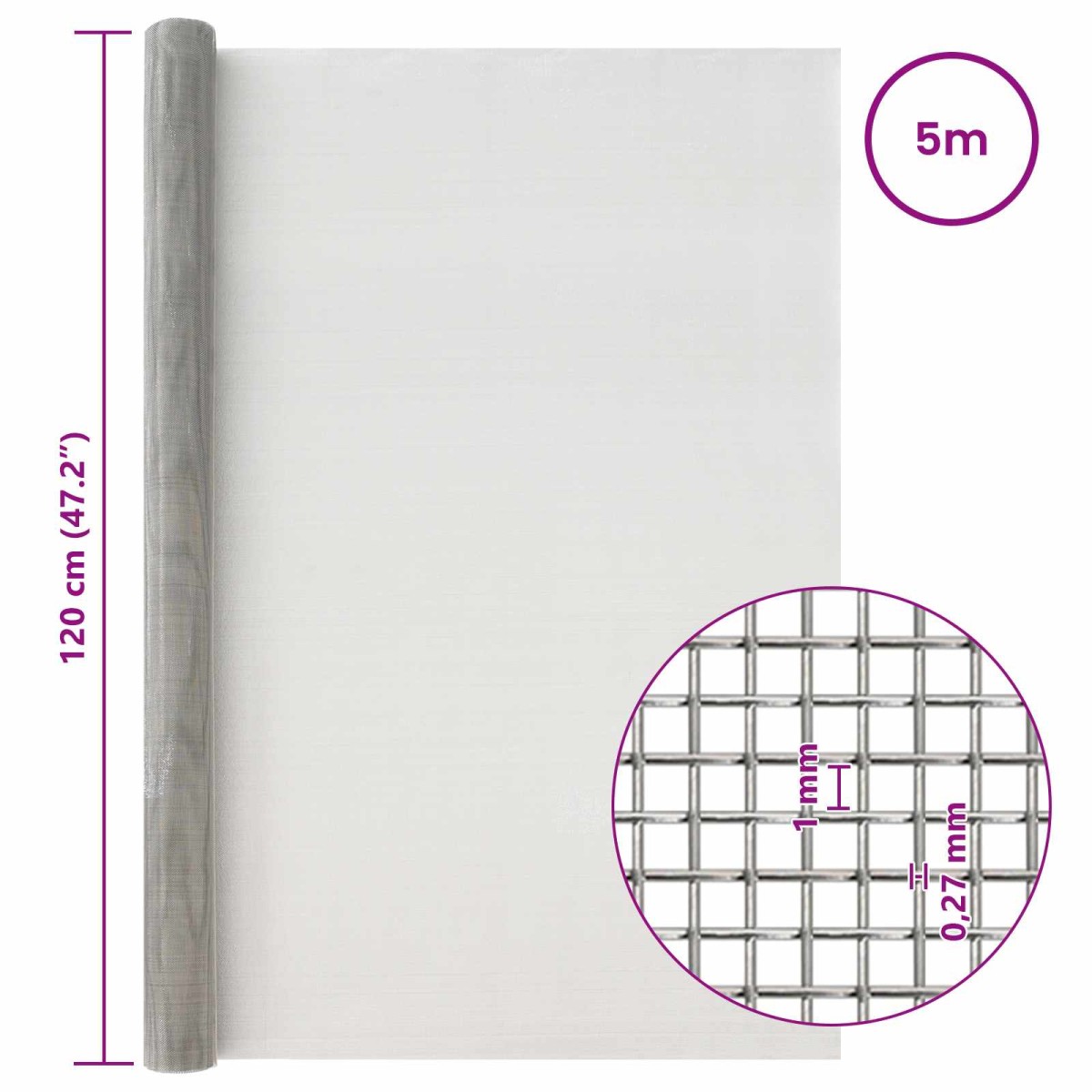 vidaXL Πλέγμα Οθόνης 120 x 500 cm 20 Mesh Ανοξείδωτο Ατσάλι 201 Ασημί