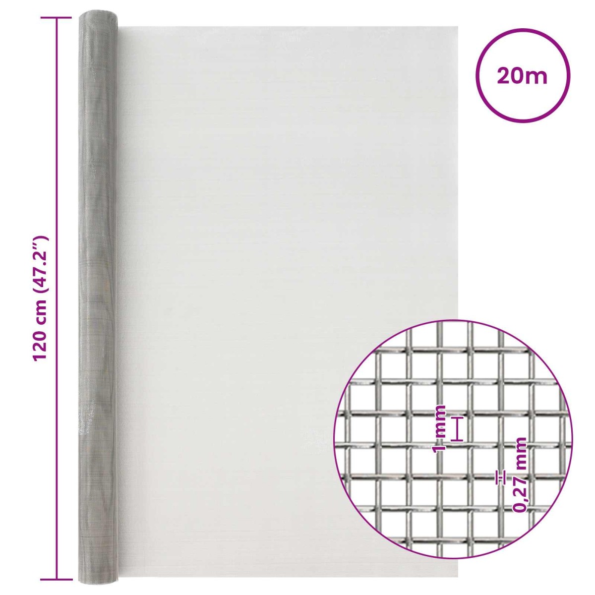 vidaXL Πλέγμα Οθόνης 120 x 2000 εκ 20 Mesh Ανοξείδωτο Ατσάλι 201 Ασημί