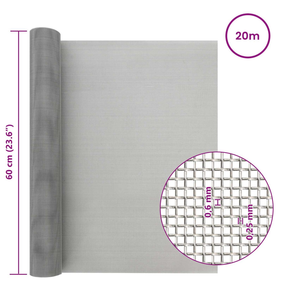 vidaXL Πλέγμα Οθόνης 60 x 2000 cm 30 Mesh Ανοξείδωτο Ατσάλι 201 Ασημί
