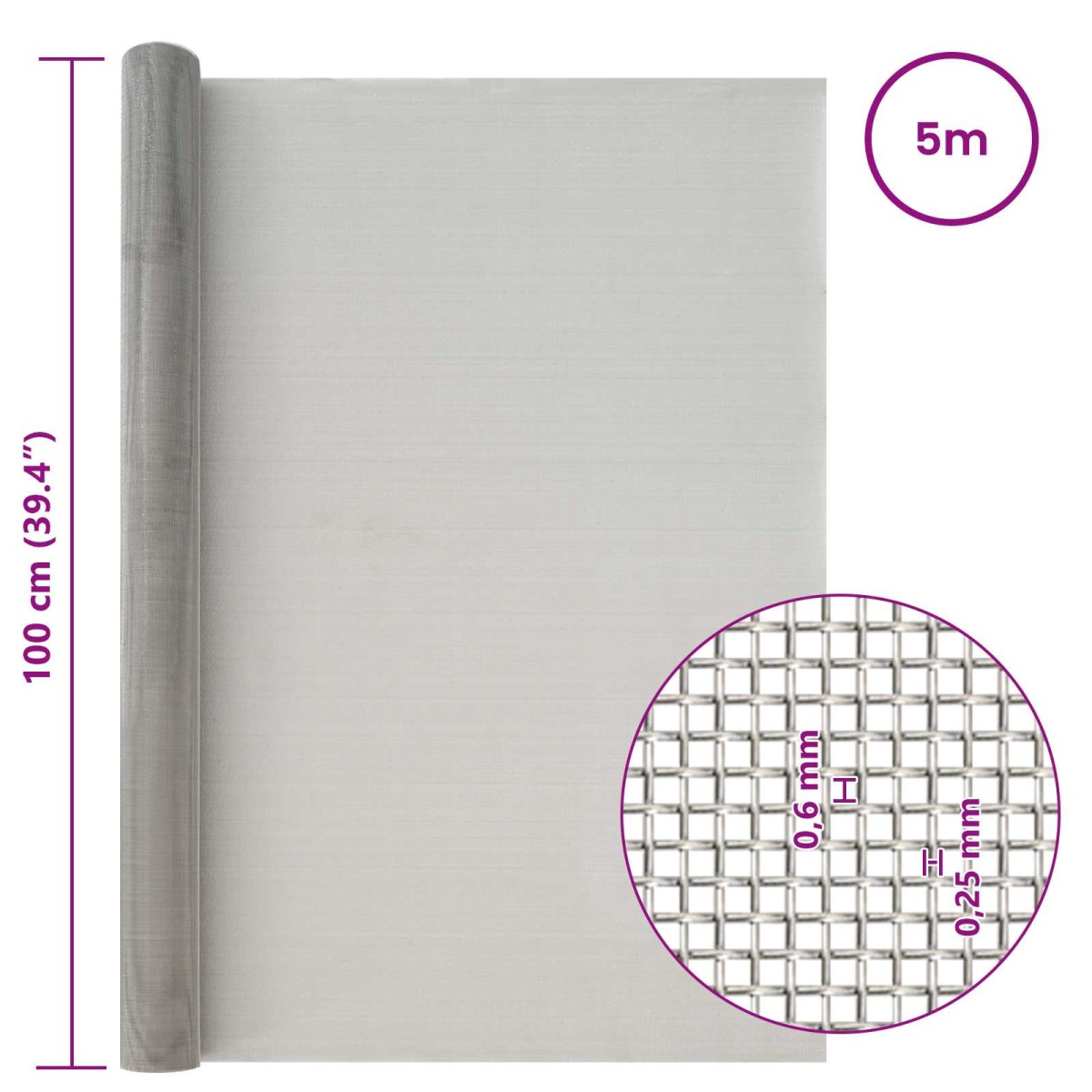 vidaXL Πλέγμα Οθόνης 100 x 500 cm 30 Mesh Ανοξείδωτο Ατσάλι 201 Ασημί