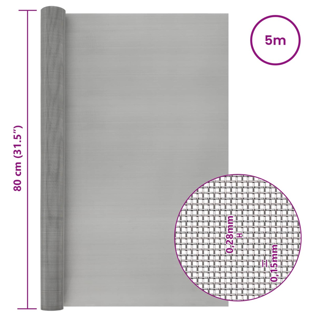vidaXL Πλέγμα Οθόνης 80 x 500 cm 60 Mesh Ανοξείδωτο Ατσάλι 201 Ασημί