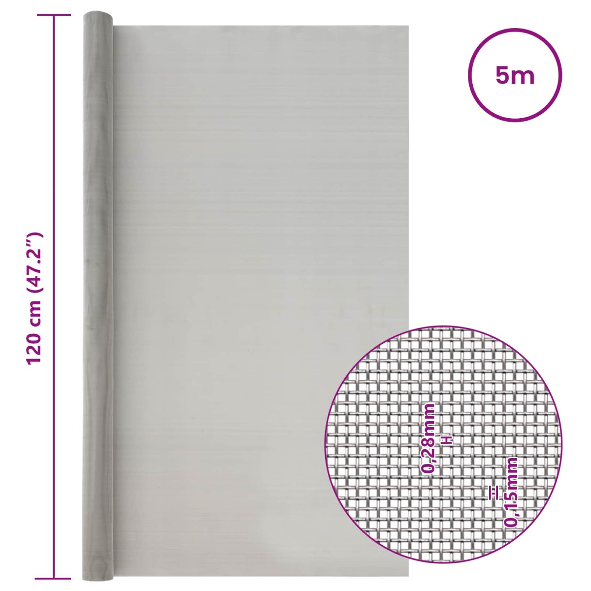 vidaXL Πλέγμα Οθόνης 120 x 500 cm 60 Mesh Ανοξείδωτο Ατσάλι 201 Ασημί