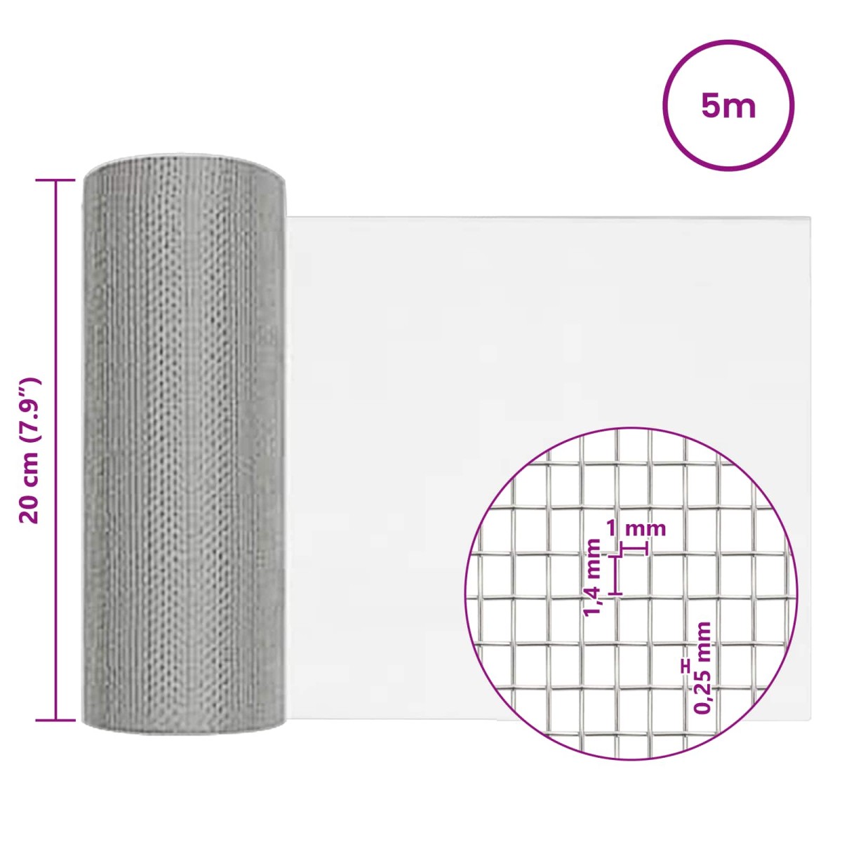 vidaXL Πλέγμα Οθόνης 20 x 500 εκ 18 mesh Ανοξείδωτο Ατσάλι 304 Ασημί