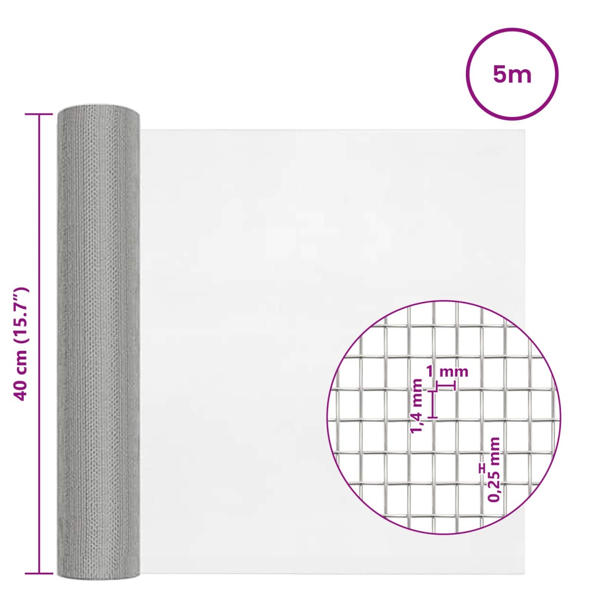 vidaXL Πλέγμα Οθόνης 40 x 500 εκ 18 mesh Ανοξείδωτο Ατσάλι 304 Ασημί