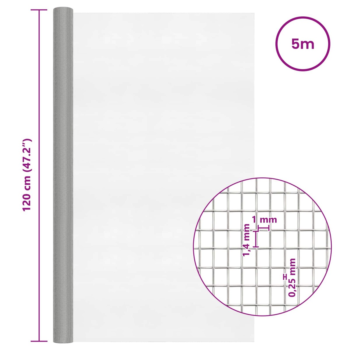 vidaXL Πλέγμα Οθόνης 120 x 500 cm 18 mesh Ανοξείδωτο Ατσάλι 304 Ασημί