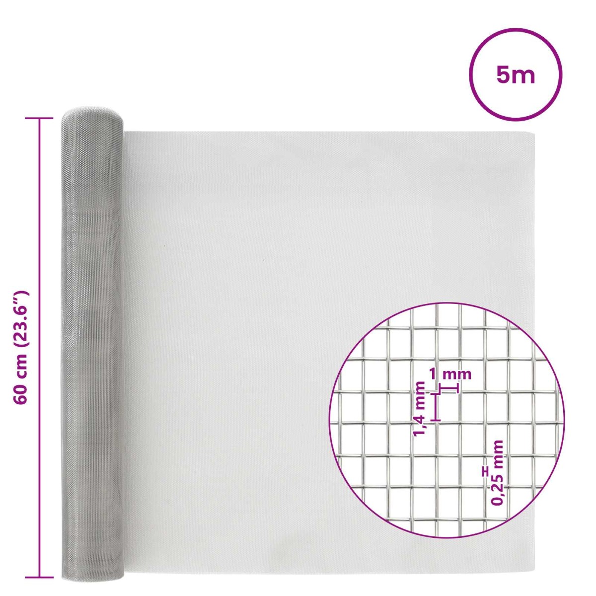 vidaXL Πλέγμα Οθόνης 60 x 500 cm 18 mesh Ανοξείδωτο Ατσάλι 304 Ασημί