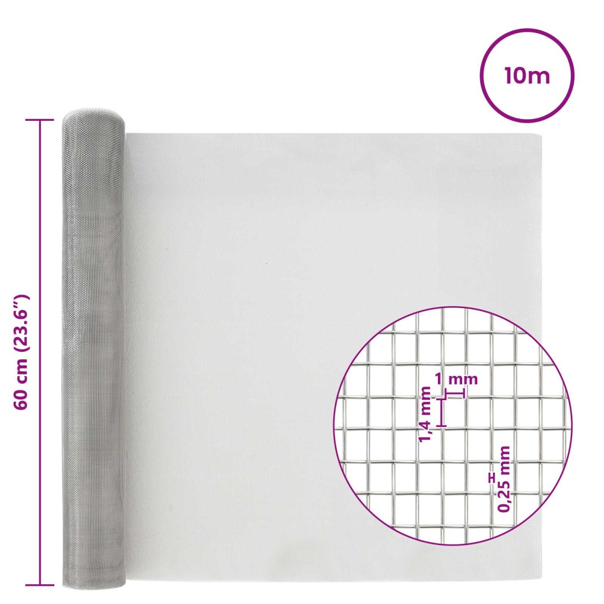 vidaXL Πλέγμα Οθόνης 60 x 1000 cm 18 mesh Ανοξείδωτο Ατσάλι 304 Ασημί