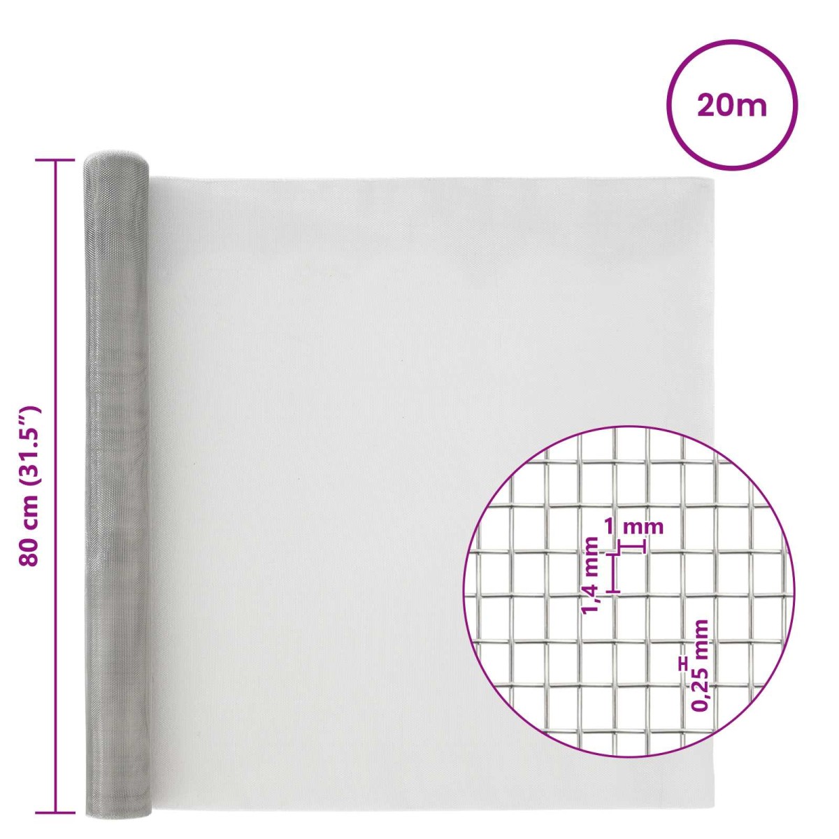 vidaXL Πλέγμα Οθόνης 80 x 2000 cm 18 mesh Ανοξείδωτο Ατσάλι 304 Ασημί