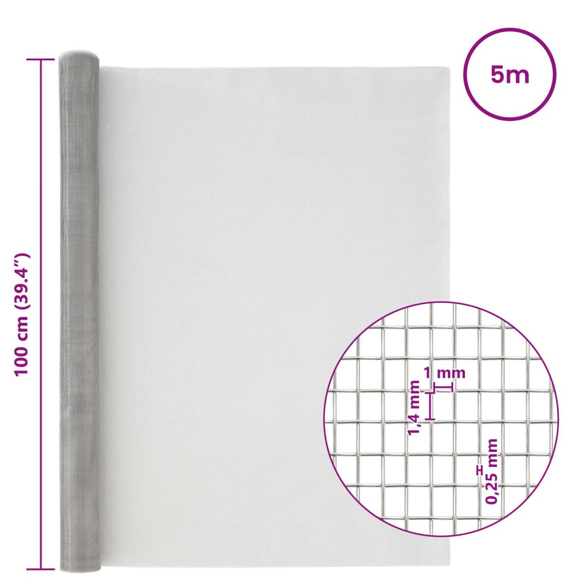 vidaXL Πλέγμα Οθόνης 100 x 500 cm 18 mesh Ανοξείδωτο Ατσάλι 304 Ασημί