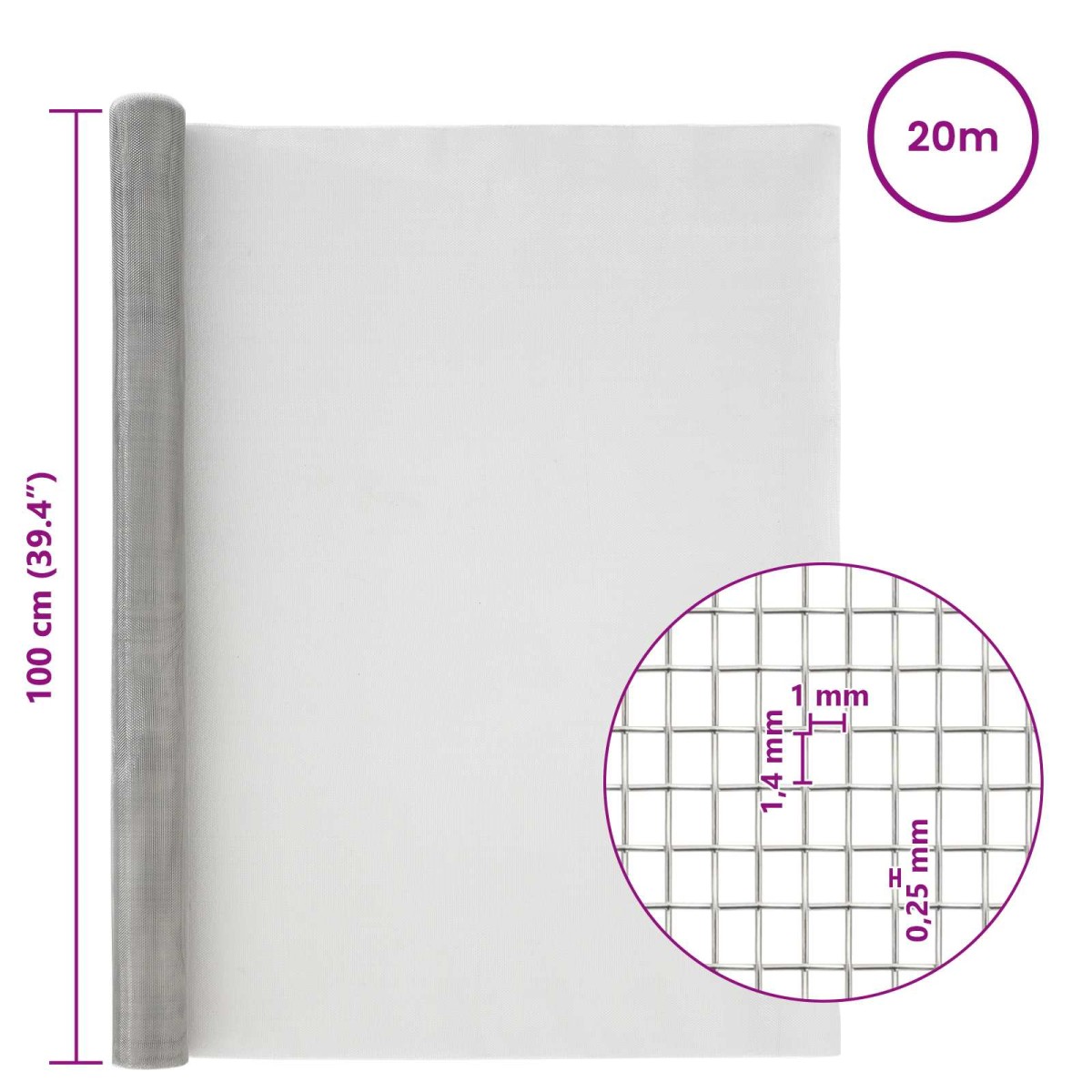vidaXL Πλέγμα Οθόνης 100 x 2000 cm 18 mesh Ανοξείδωτο Ατσάλι 304 Ασημί