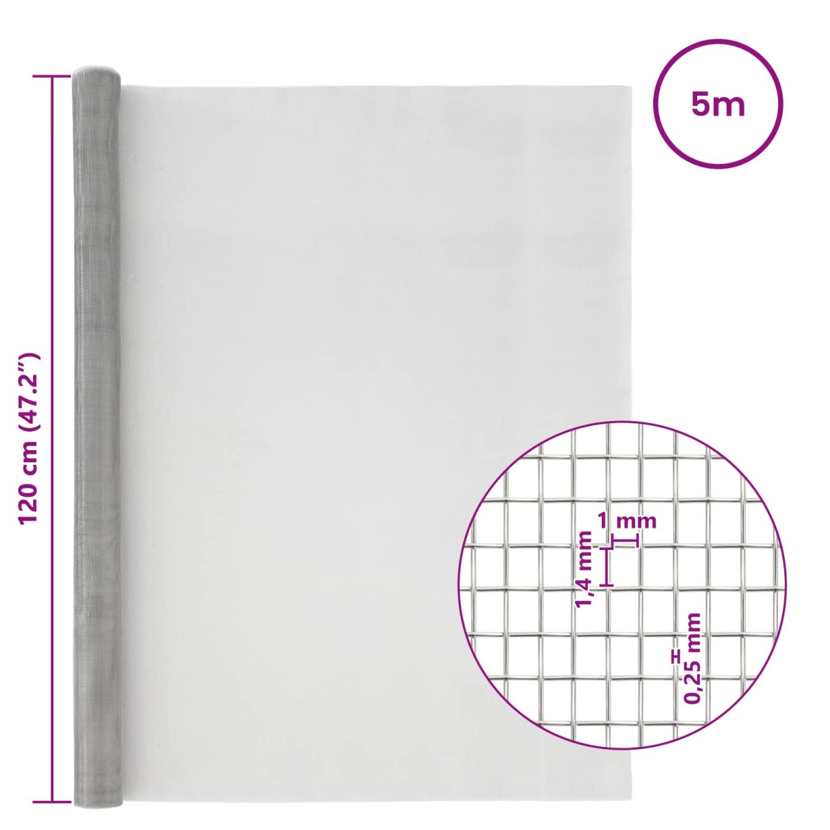 vidaXL Πλέγμα Οθόνης 120 x 500 cm 18 mesh Ανοξείδωτο Ατσάλι 304 Ασημί