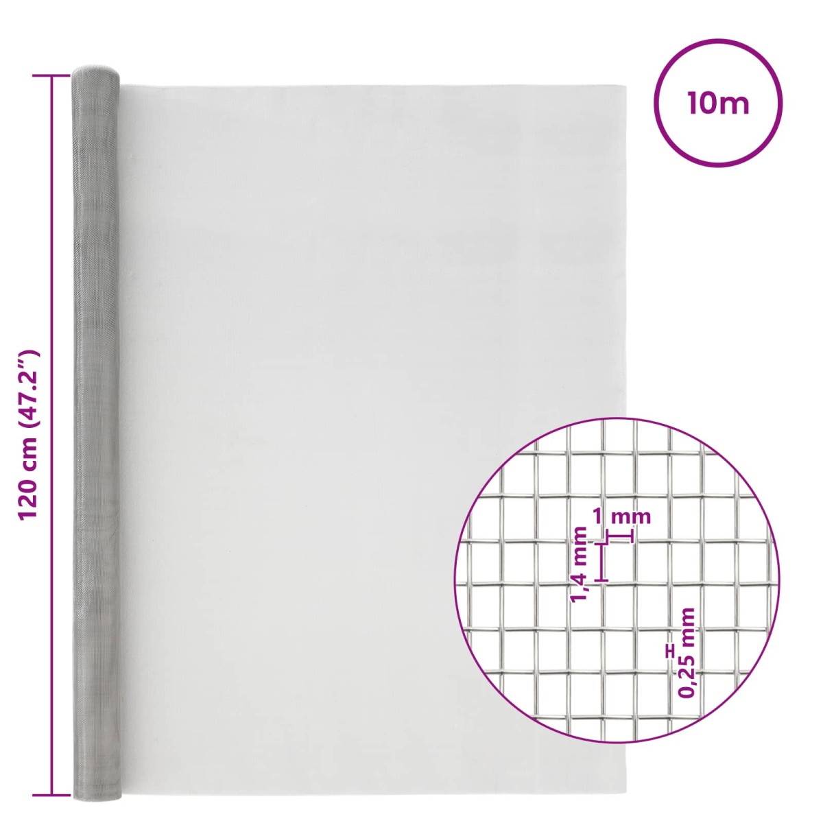 vidaXL Πλέγμα Οθόνης 120 x 1000 cm 18 mesh Ανοξείδωτο Ατσάλι 304 Ασημί