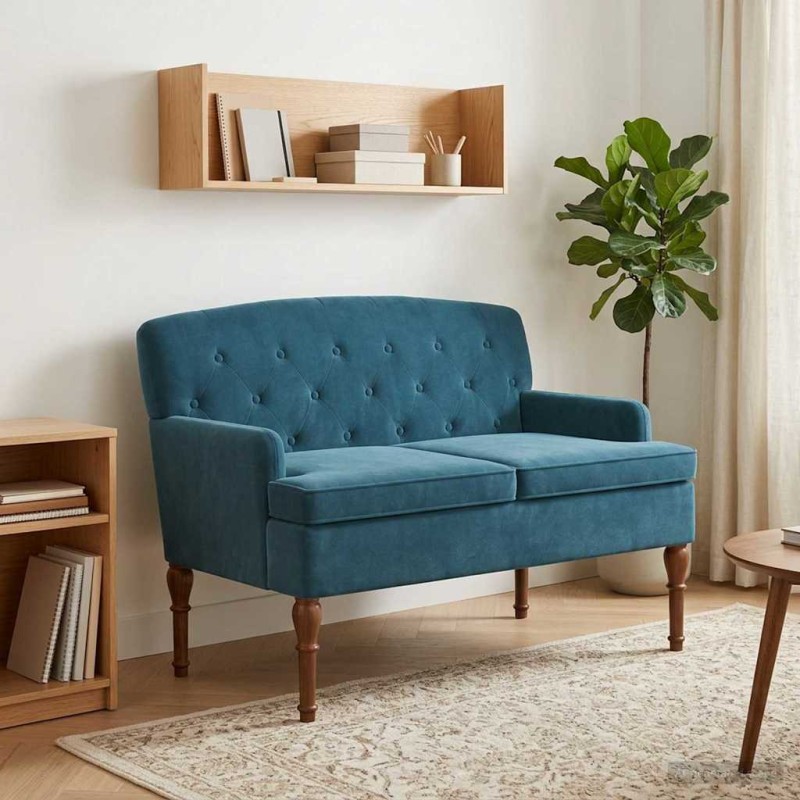 vidaXL Love seat με κουμπιά Μπλε 111 x 65 x 79 εκ Βελούδο