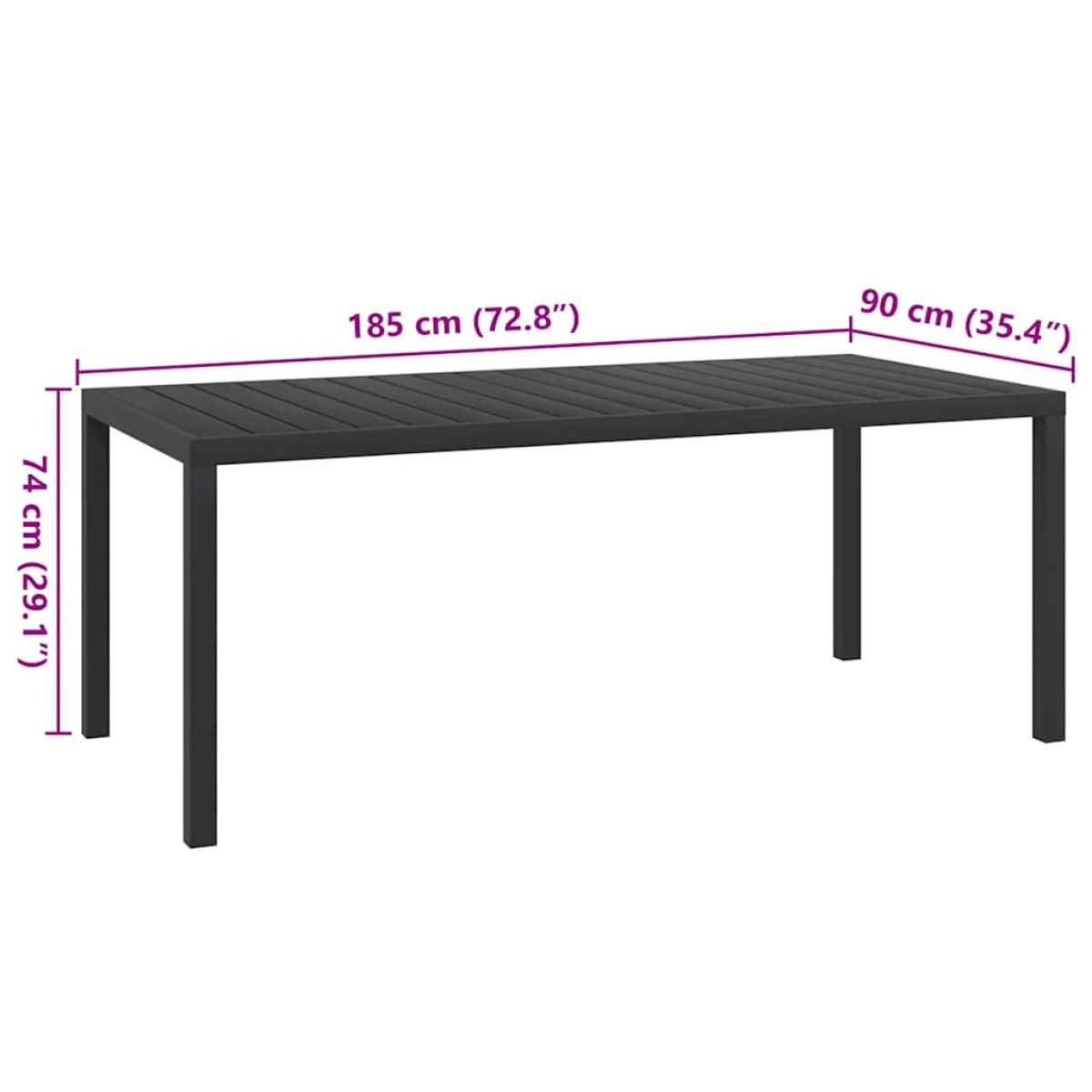 vidaXL Τραπέζι Κήπου Μαύρο 185 x 90 x 74 εκ. από Αλουμίνιο / WPC