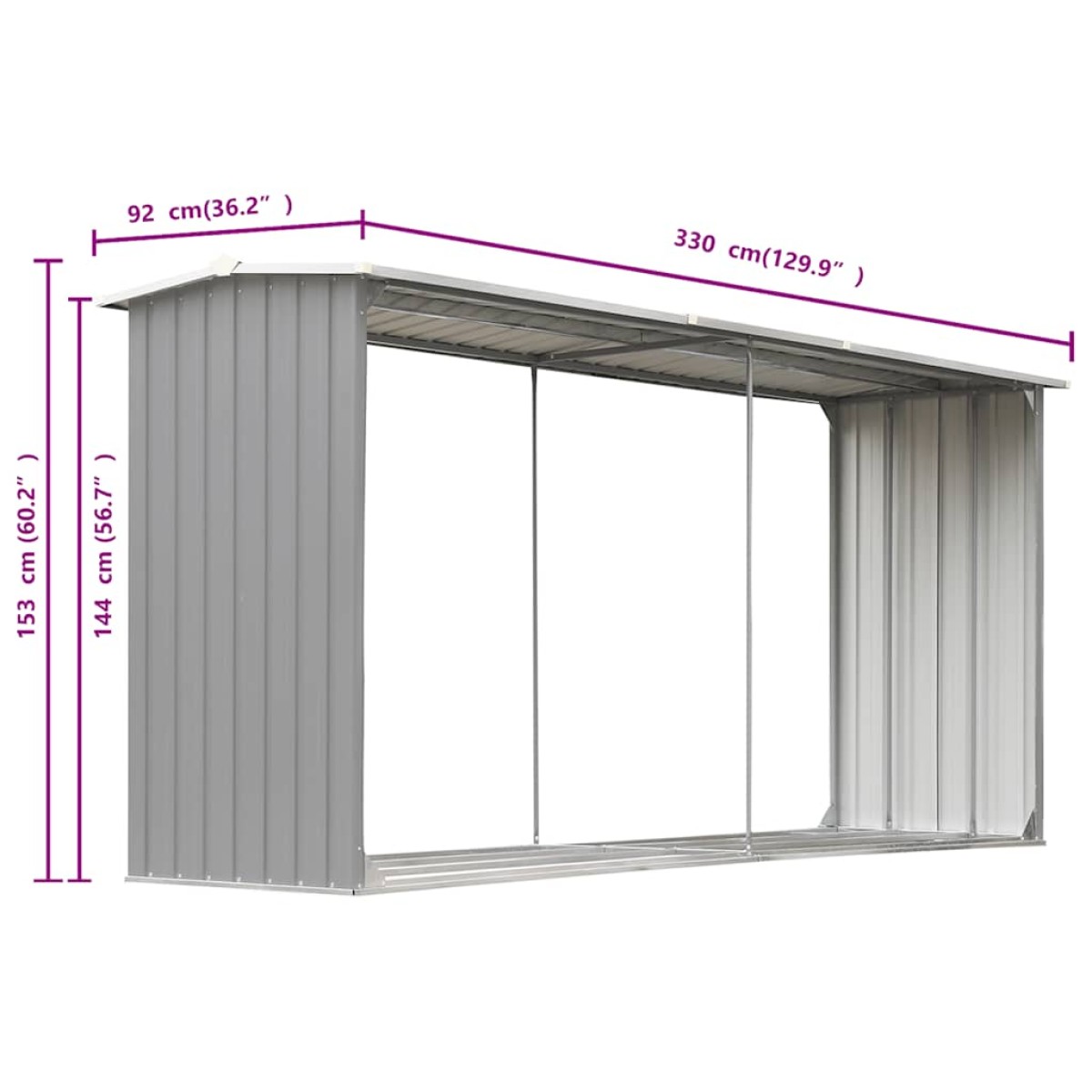 vidaXL Υπόστεγο Αποθήκευσης Ξύλων Κήπου Γκρι 330x92x153 εκ. Ατσάλι