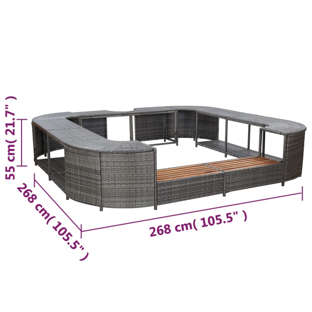 vidaXL Πλαίσιο Σπα/Υδρομασάζ Τετράγωνο Γκρι 268x268x55 εκ Συνθ. Ρατάν