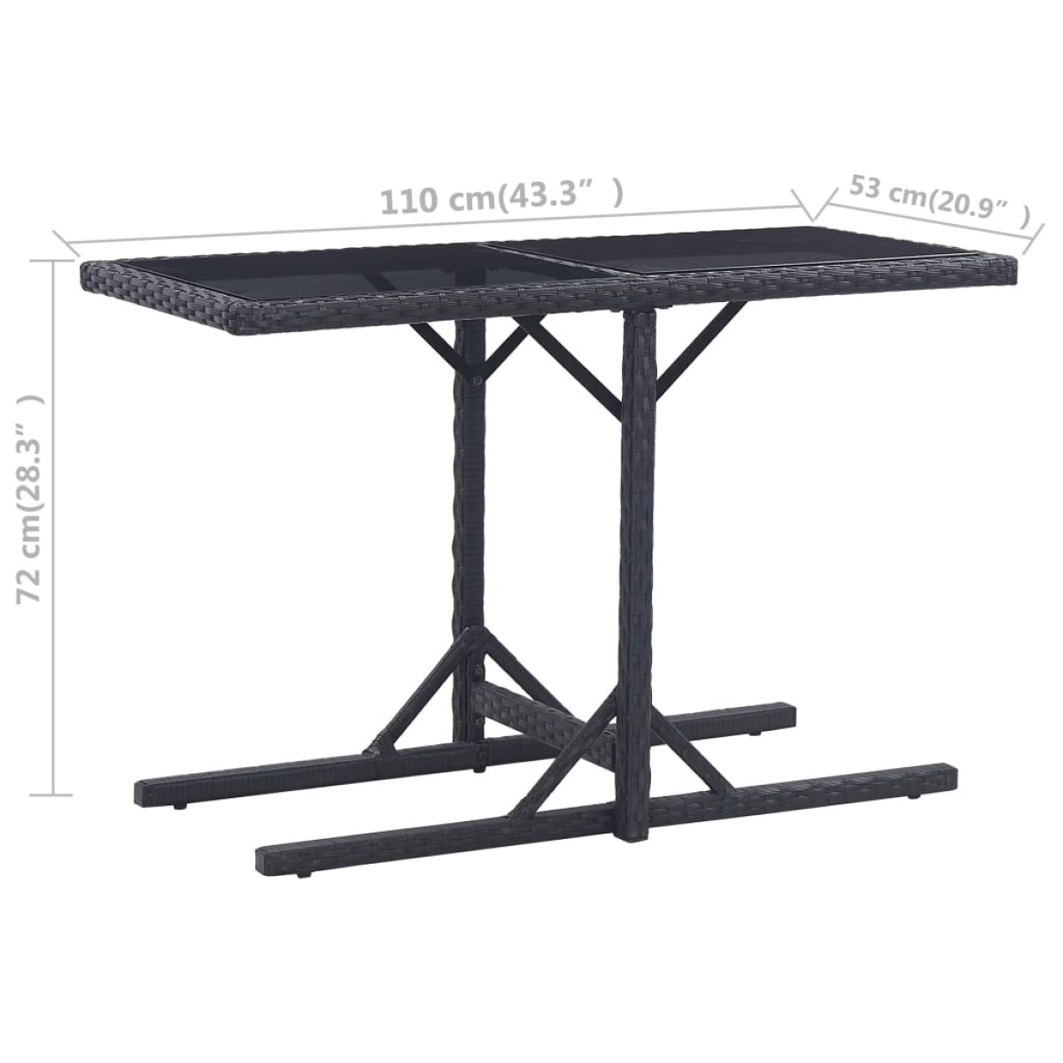 vidaXL Τραπέζι Κήπου Μαύρο 110x53x72 εκ. Γυάλινο και Συνθετικό ρατάν