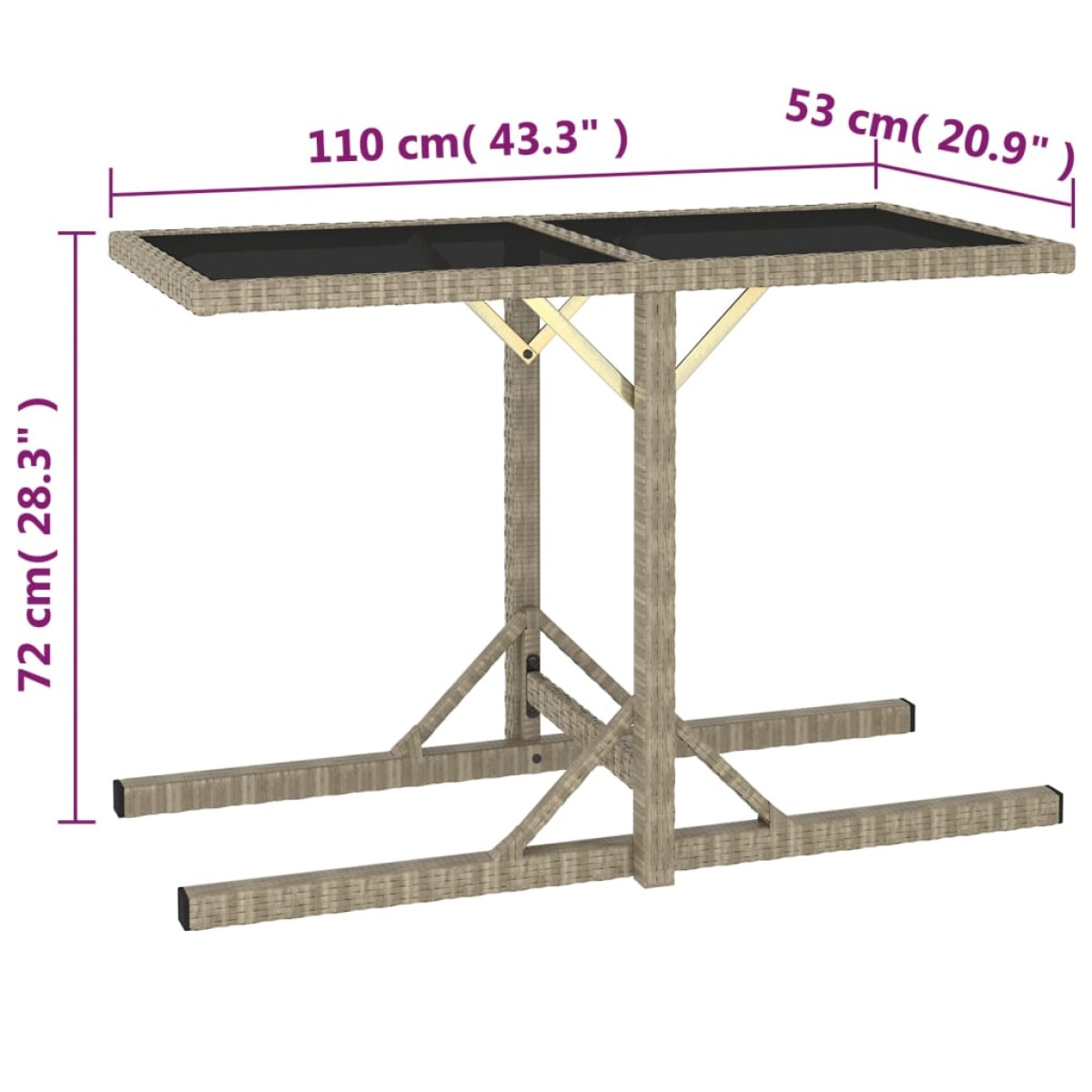 vidaXL Τραπέζι Κήπου Μπεζ 110x53x72 εκ. Γυάλινο και Συνθετικό ρατάν