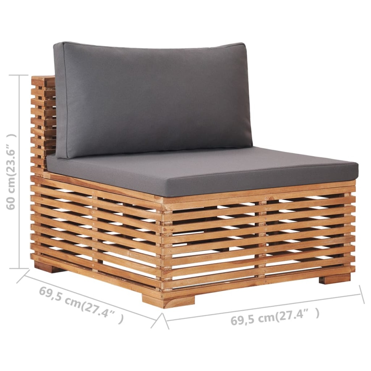 vidaXL Καναπές Κήπου Μεσαίος από Μασίφ Ξύλο Teak με Γκρι Μαξιλάρι