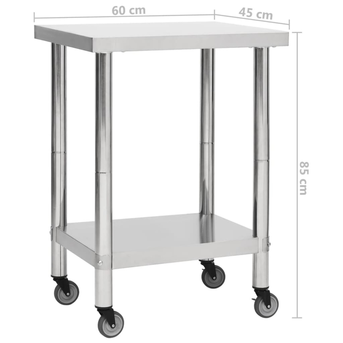 vidaXL Πάγκος Εργασίας Κουζίνας με Ροδάκια 60x45x85 εκ Ανοξείδ. Ατσάλι