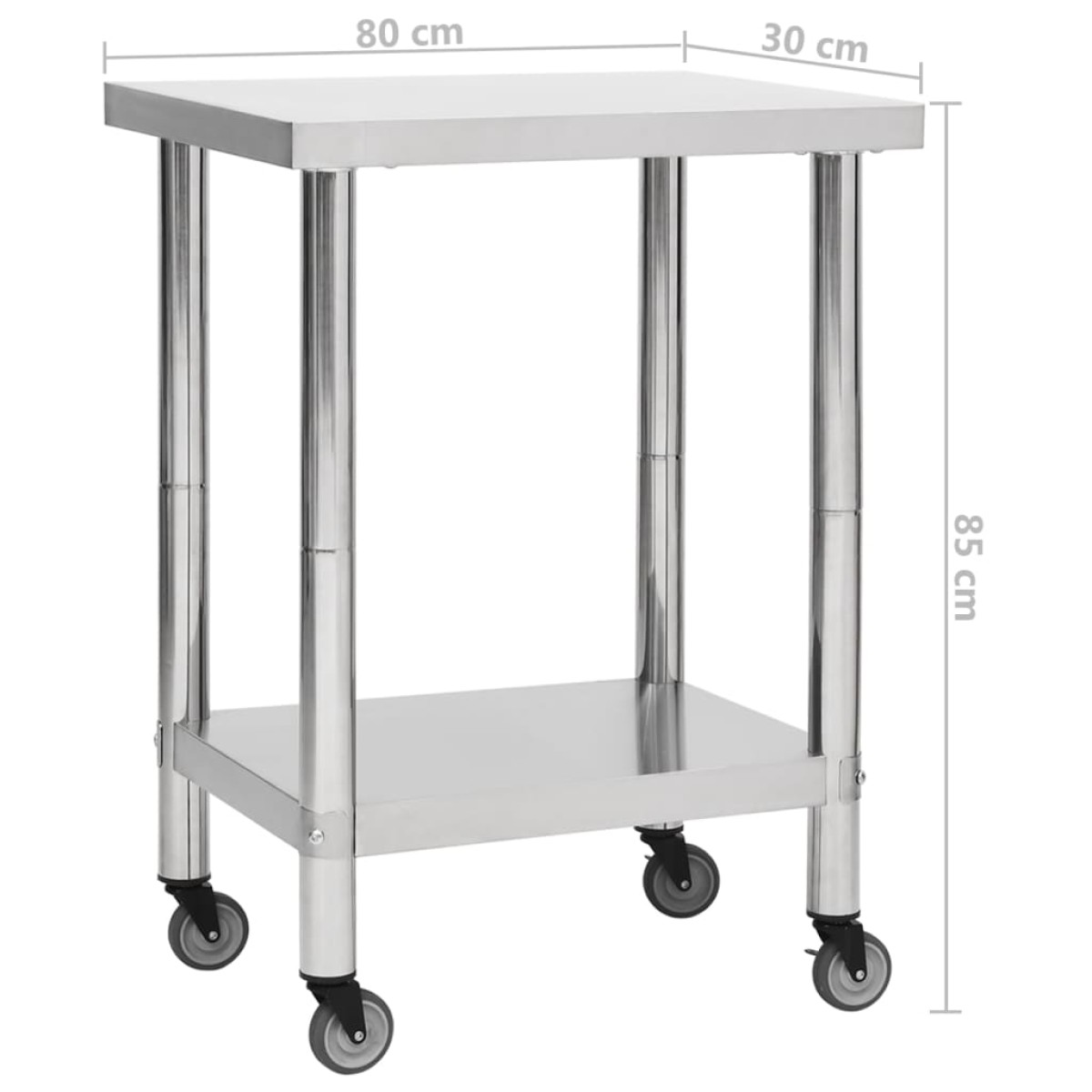 vidaXL Πάγκος Εργασίας Κουζίνας με Ροδάκια 80x30x85 εκ Ανοξείδ. Ατσάλι