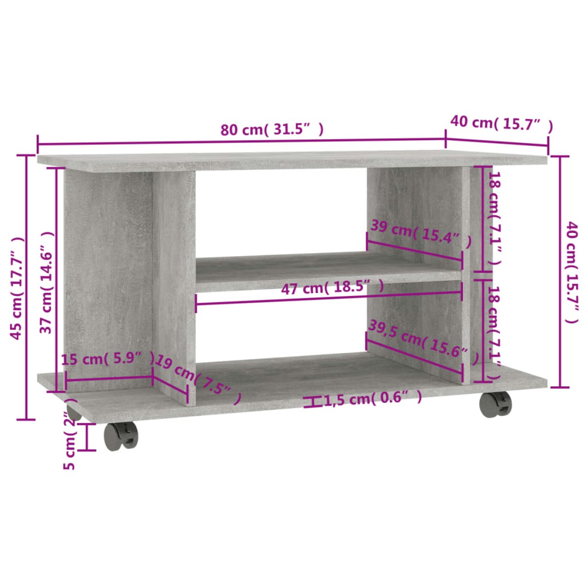 vidaXL Έπιπλο TV με Ρόδες Γκρι Σκυροδέματος 80x40x40 εκ. Μοριοσανίδα