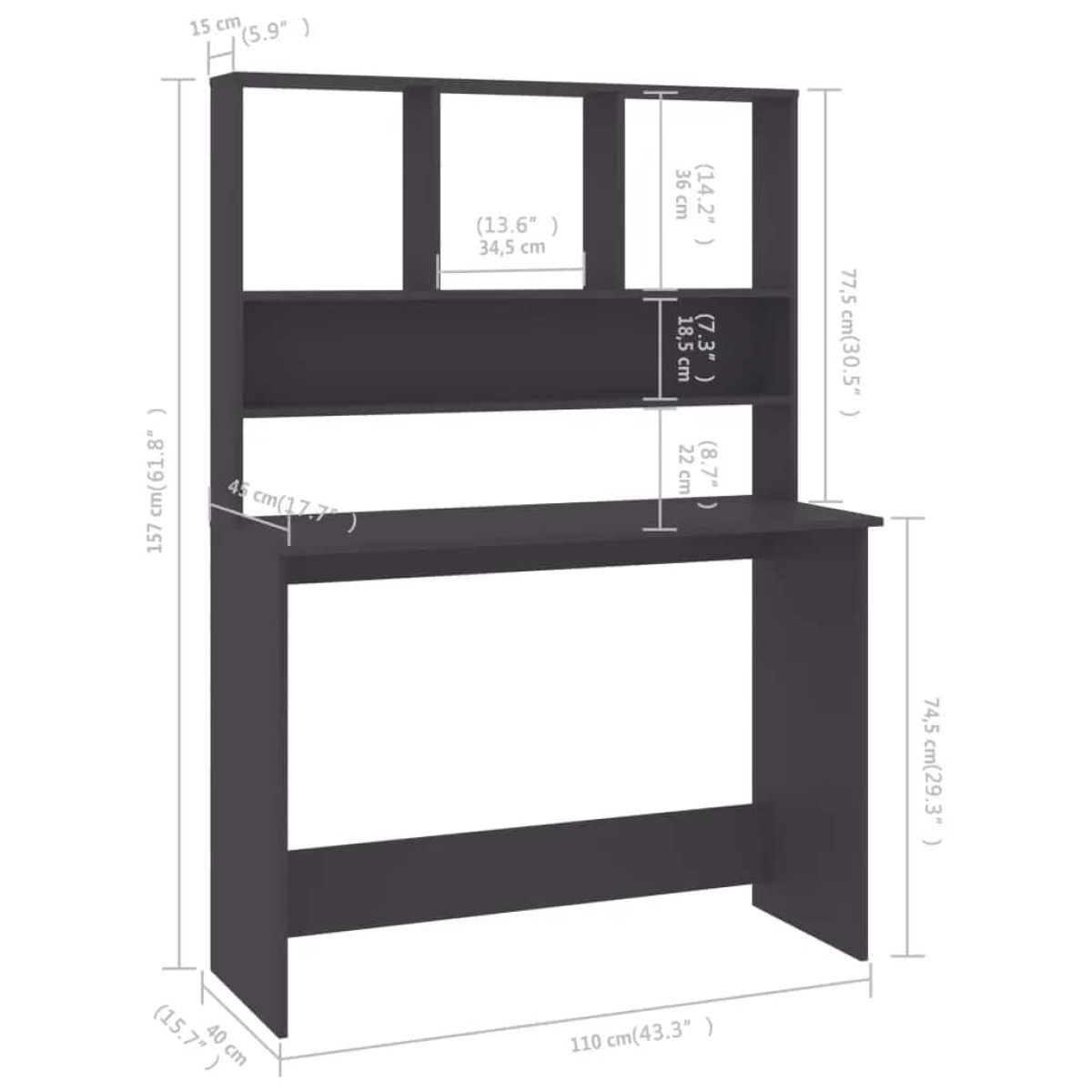 vidaXL Γραφείο με Ράφια Γκρι 110 x 45 x 157 εκ. από Μοριοσανίδα
