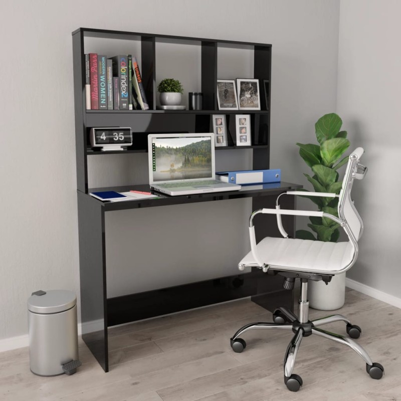 vidaXL Γραφείο με Ράφια Γυαλιστερό Μαύρο 110x45x157 εκ. Μοριοσανίδα