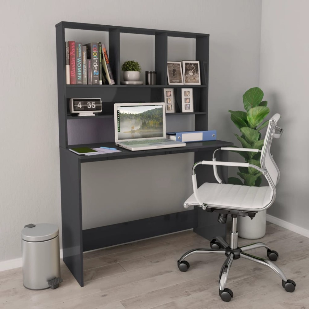 vidaXL Γραφείο με Ράφια Γυαλιστερό Γκρι 110x45x157 εκ. Μοριοσανίδα