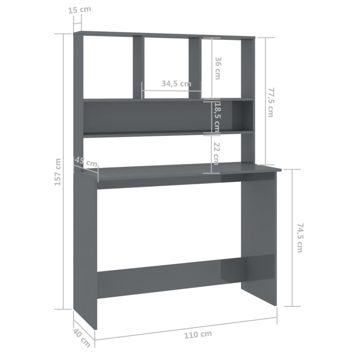 vidaXL Γραφείο με Ράφια Γυαλιστερό Γκρι 110x45x157 εκ. Μοριοσανίδα