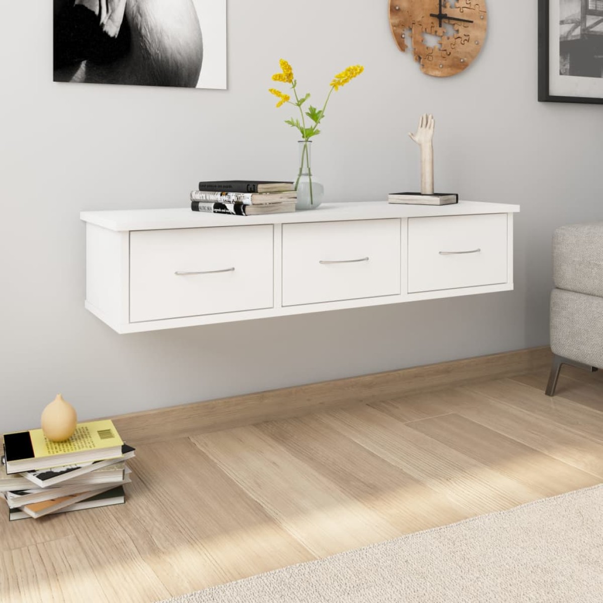 vidaXL Ράφι Τοίχου με Συρτάρια Λευκό 88 x 26 x 18,5 εκ. Μοριοσανίδα