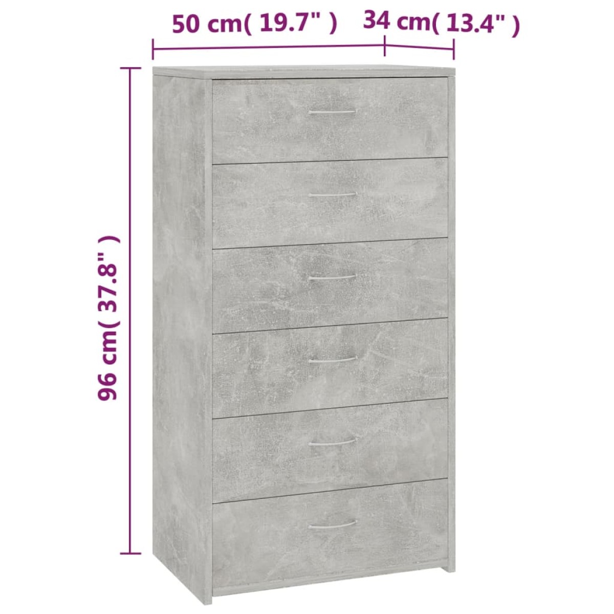 vidaXL Συρταριέρα με 6 Συρτάρια Γκρι Σκυροδ. 50x34x96 εκ. Μοριοσανίδα