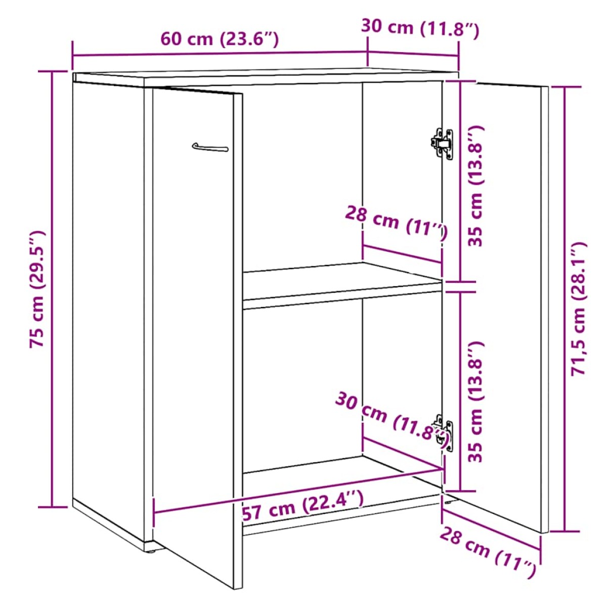 vidaXL Ντουλάπι Λευκό 60 x 30 x 75 εκ. από Μοριοσανίδα