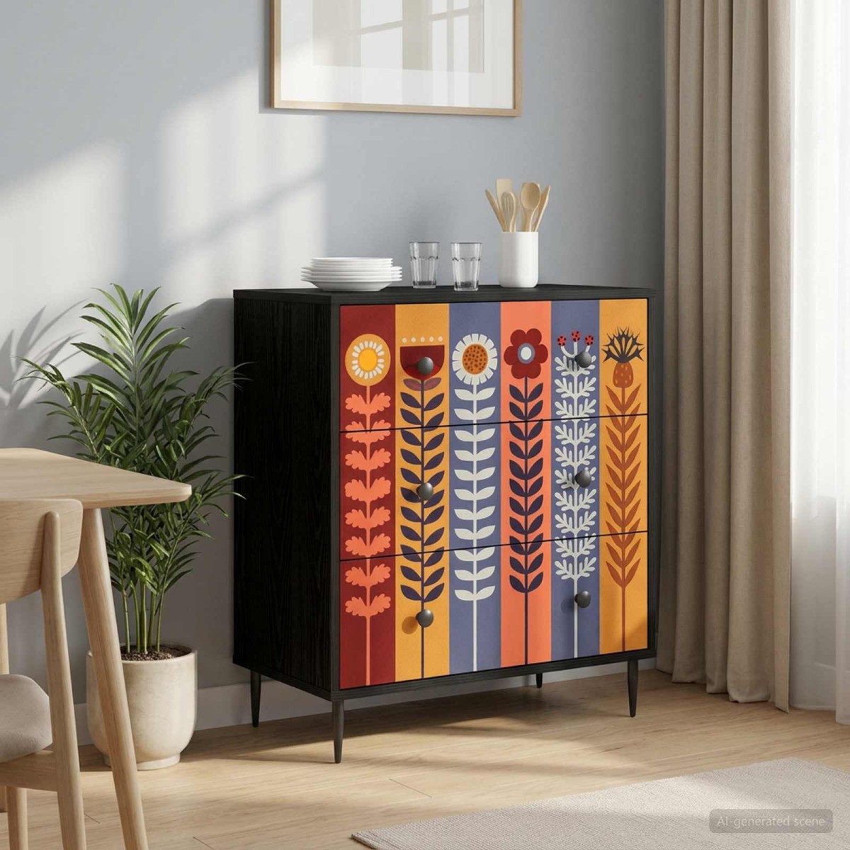 vidaXL Κουτί με συρτάρια ESSEN Σχέδιο με ηλιοτρόπια 66 x 36,5 x 76 εκ.