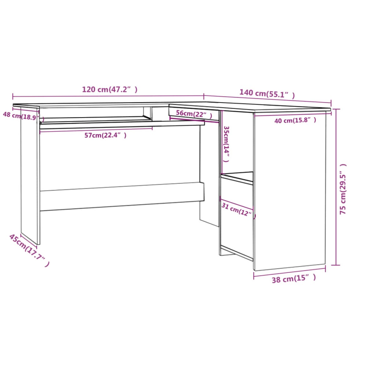 vidaXL Γραφείο Γωνιακό Sonoma Δρυς 120 x 140 x 75 εκ. από Μοριοσανίδα