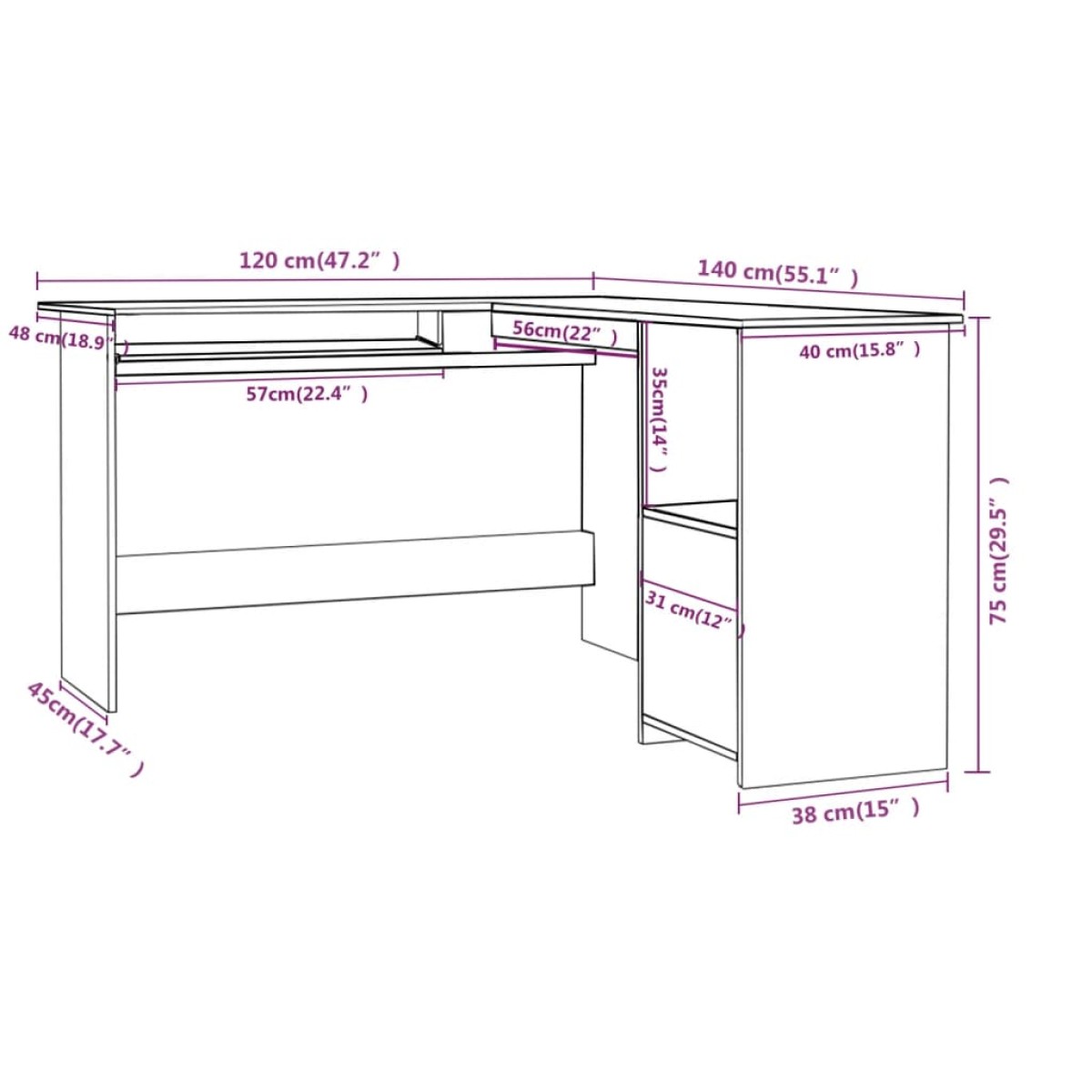 vidaXL Γραφείο Γωνιακό Γκρι Σκυροδέματος 120x140x75 εκ. Μοριοσανίδα