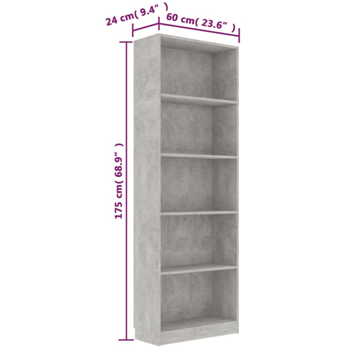 vidaXL Βιβλιοθήκη με 5 Ράφια Γκρι Σκυροδέμ. 60x24x175 εκ. Μοριοσανίδα