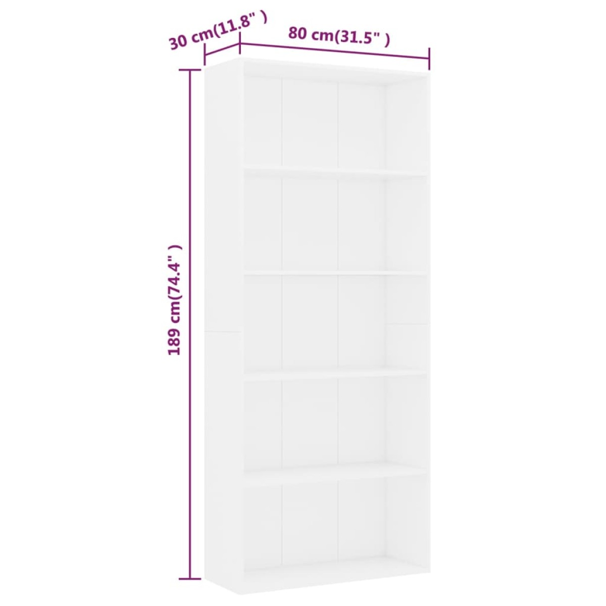 vidaXL Βιβλιοθήκη με 5 Ράφια Λευκή 80 x 30 x 189 εκ. Μοριοσανίδα