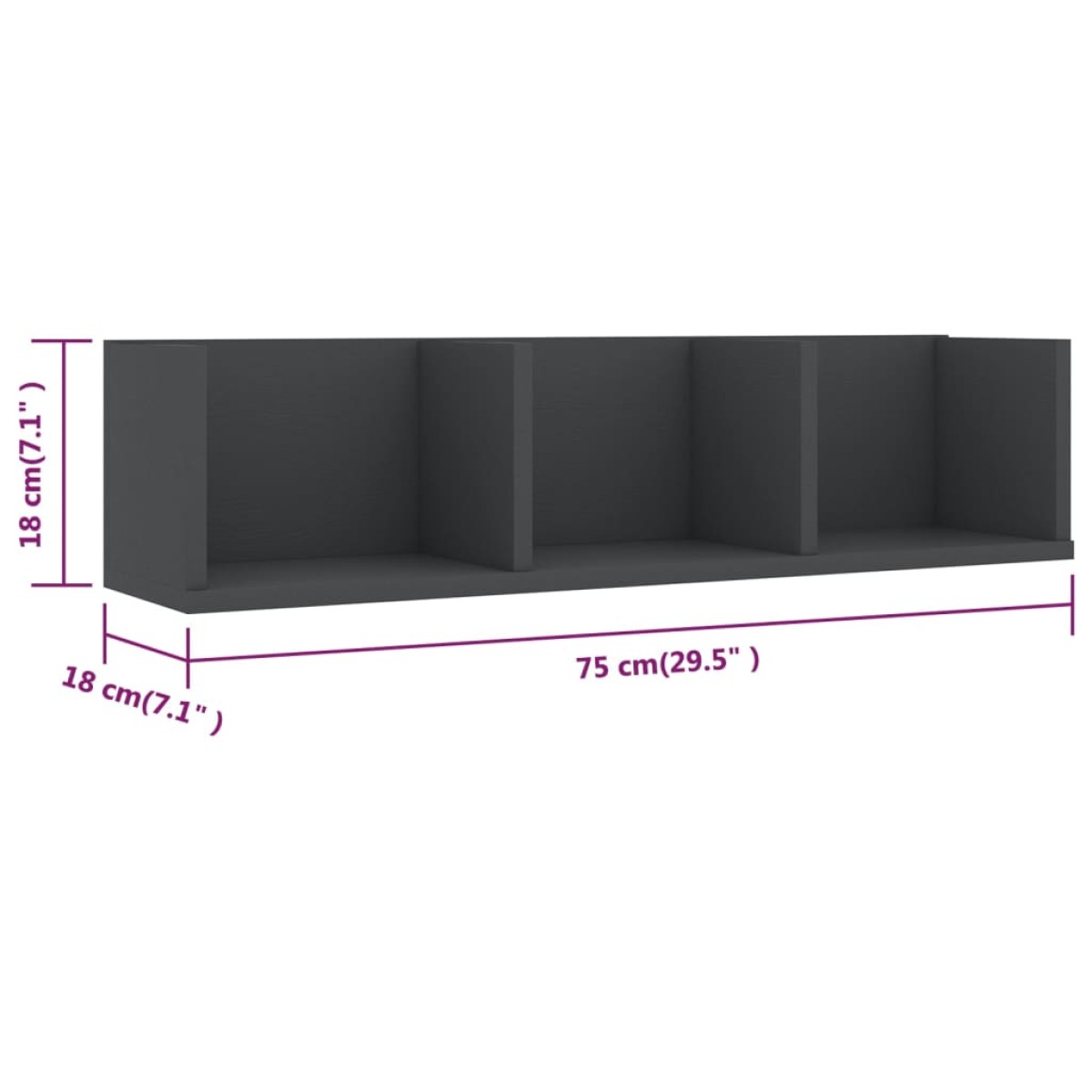 vidaXL Ράφι Τοίχου για CD Γκρι 75 x 18 x 18 εκ. Μοριοσανίδα