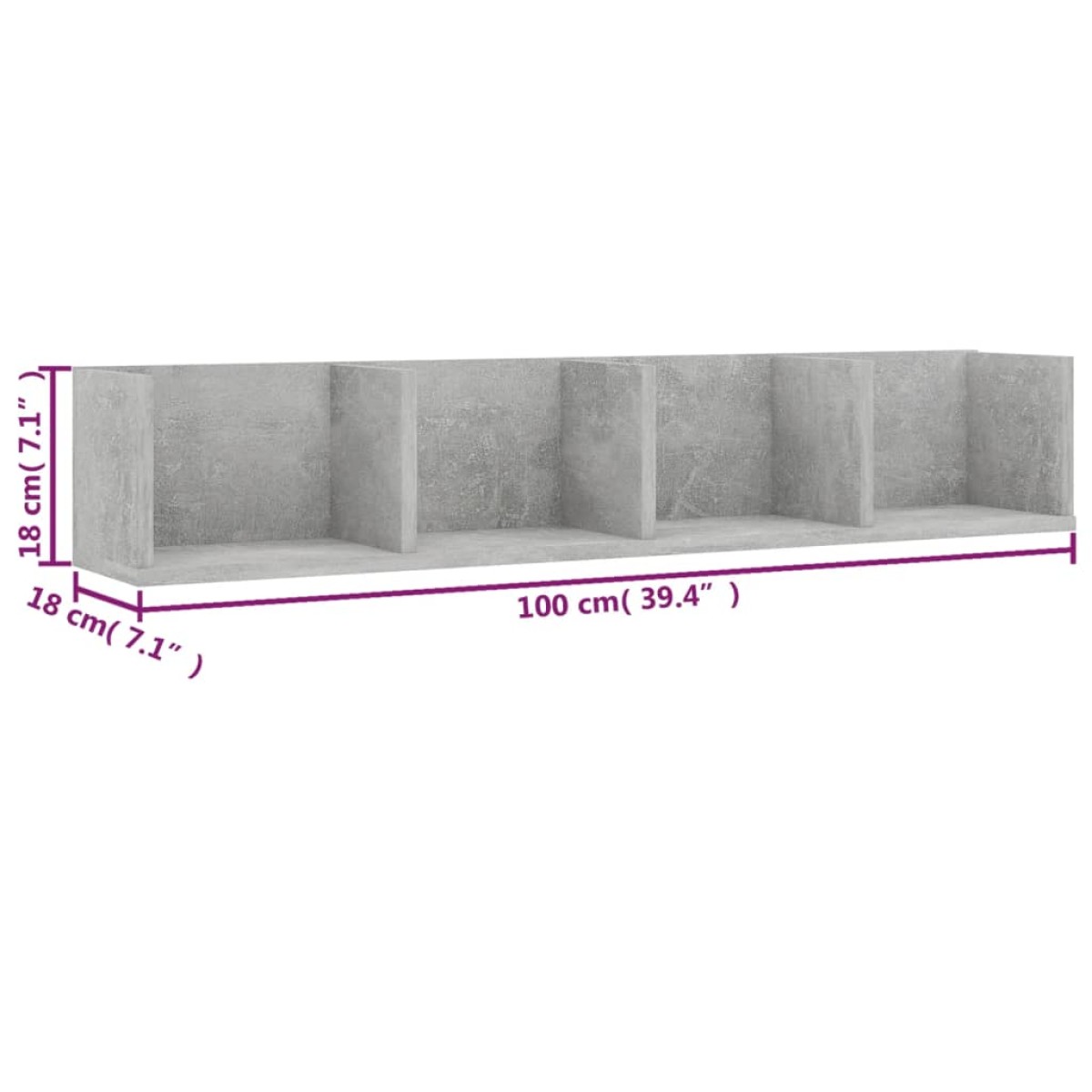 vidaXL Ράφι Τοίχου για CD Γκρι Σκυροδέματος 100x18x18 εκ. Μοριοσανίδα