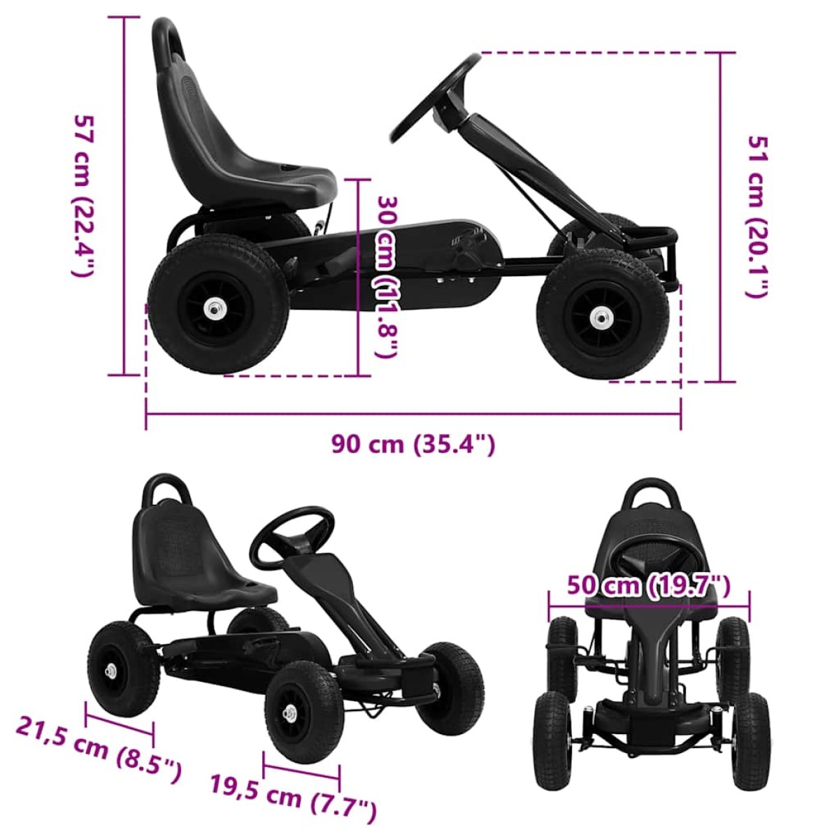 vidaXL Go Kart με Πετάλια και Λάστιχα Πεπιεσμένου Αέρα Μαύρο