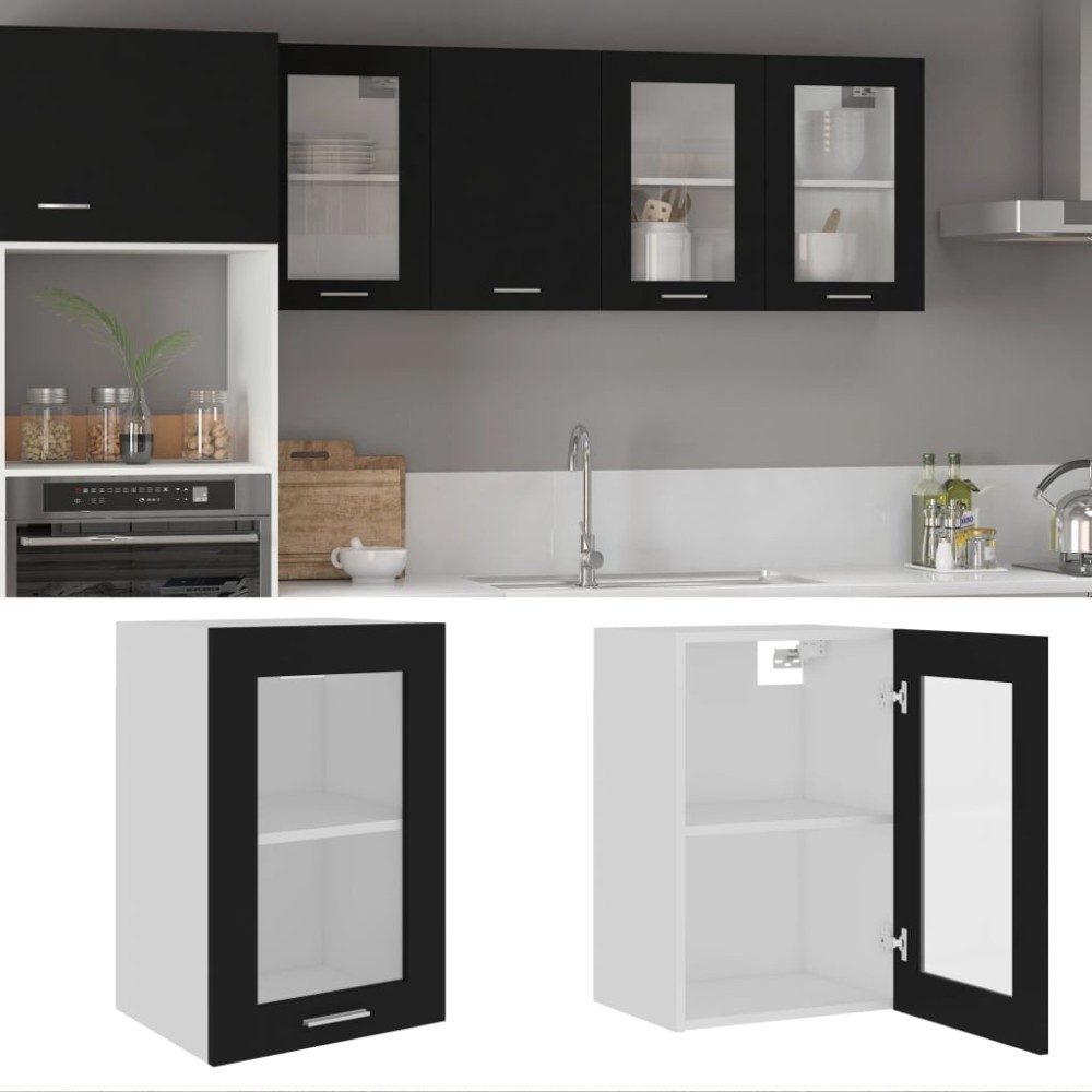 vidaXL Κρεμαστό Γυάλινο Ντουλάπι "Lyon" Μαύρο 40x31x60 εκ. από Τεχνητό Ξύλο