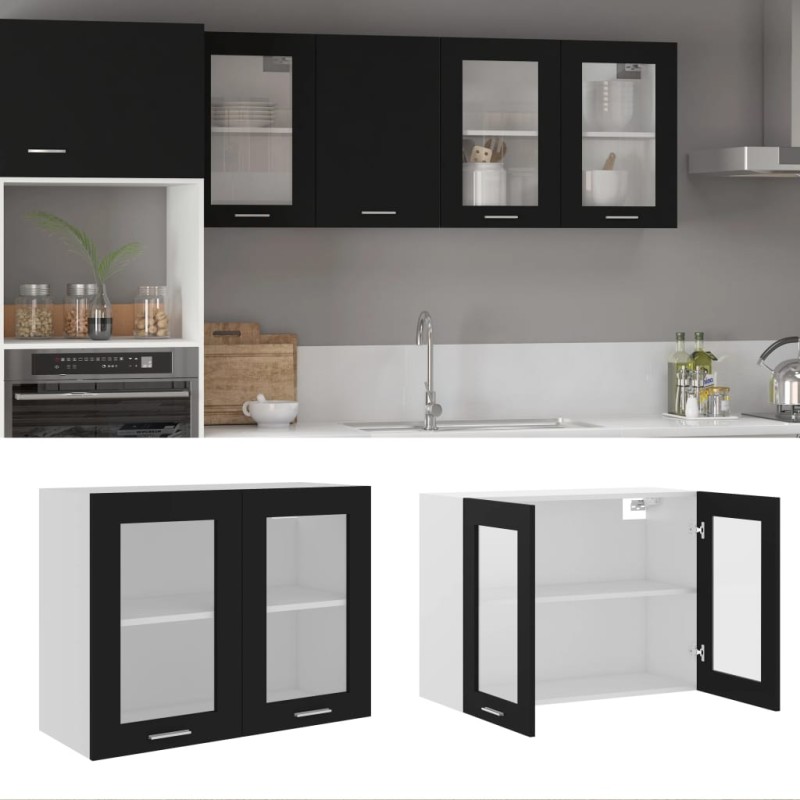 vidaXL Κρεμαστό Γυάλινο Ντουλάπι "Lyon" Μαύρο 80x31x60 εκ. από Τεχνητό Ξύλο