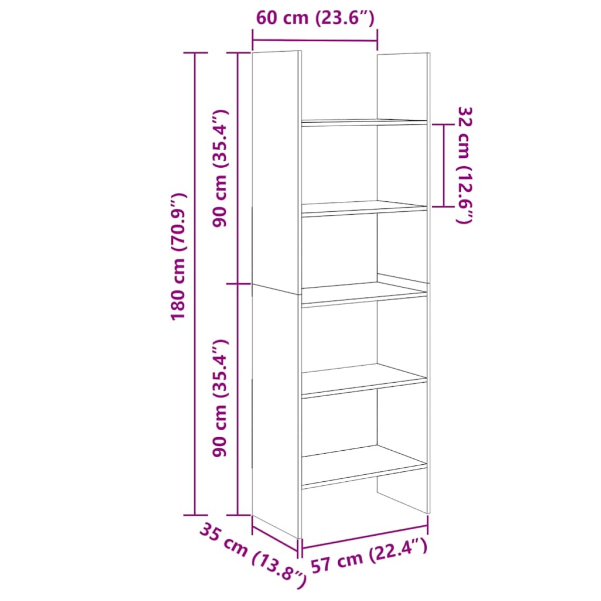 vidaXL Βιβλιοθήκη Μαύρη 60 x 35 x 180 εκ. από Μοριοσανίδα