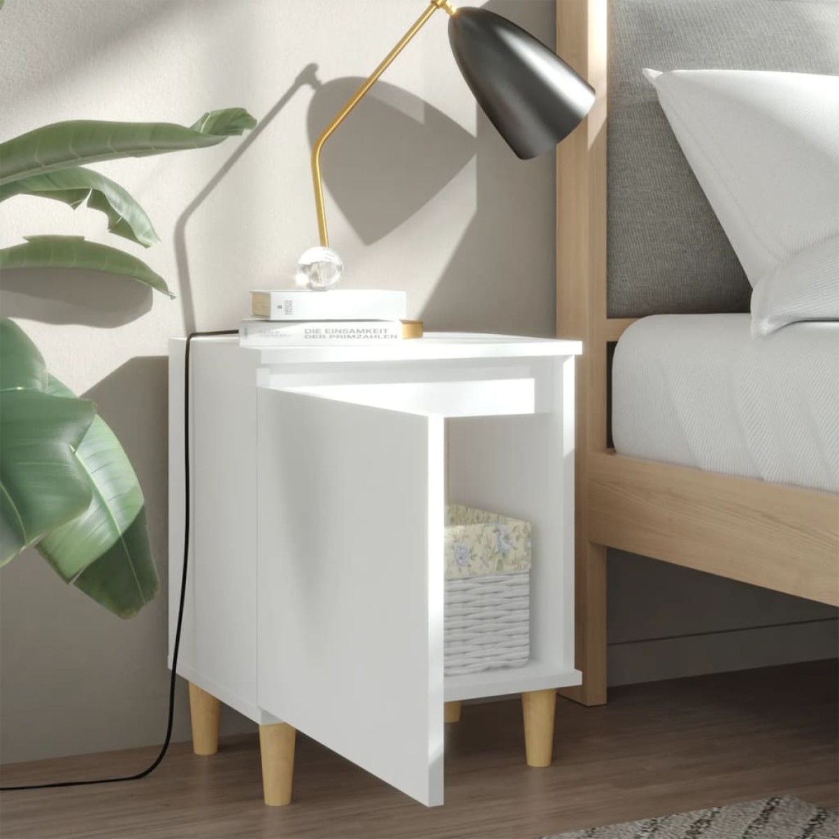 vidaXL Κομοδίνo Λευκό 40 x 30 x 50 εκ. με Μασίφ Ξύλινα Πόδια