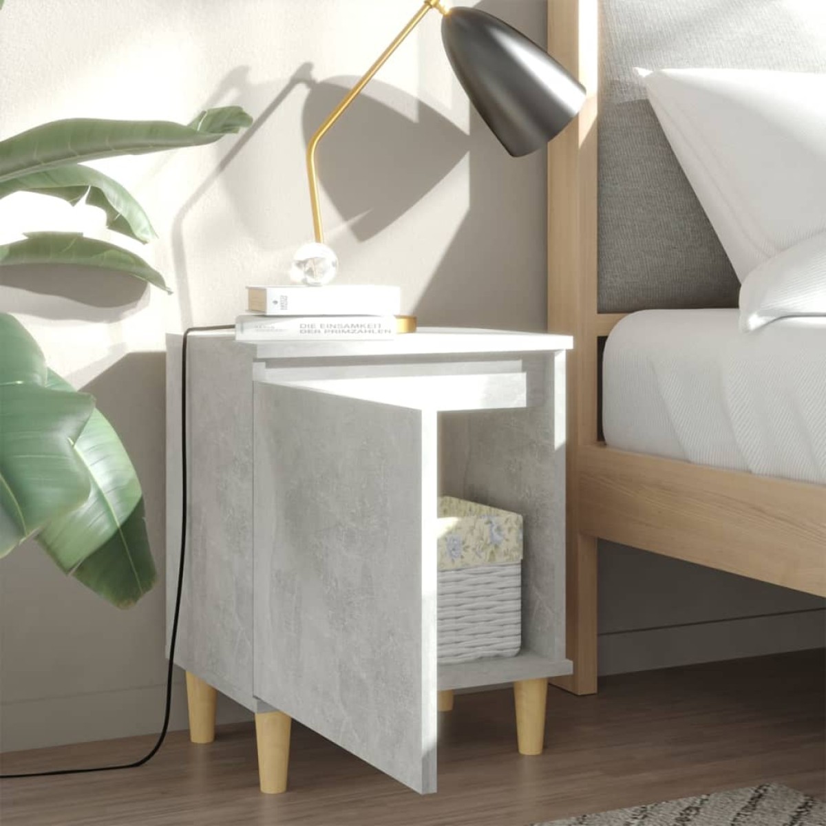 vidaXL Κομοδίνα 2 τεμ. Γκρι Σκυροδέμ. 40x30x50 εκ. Μασίφ Ξύλινα Πόδια