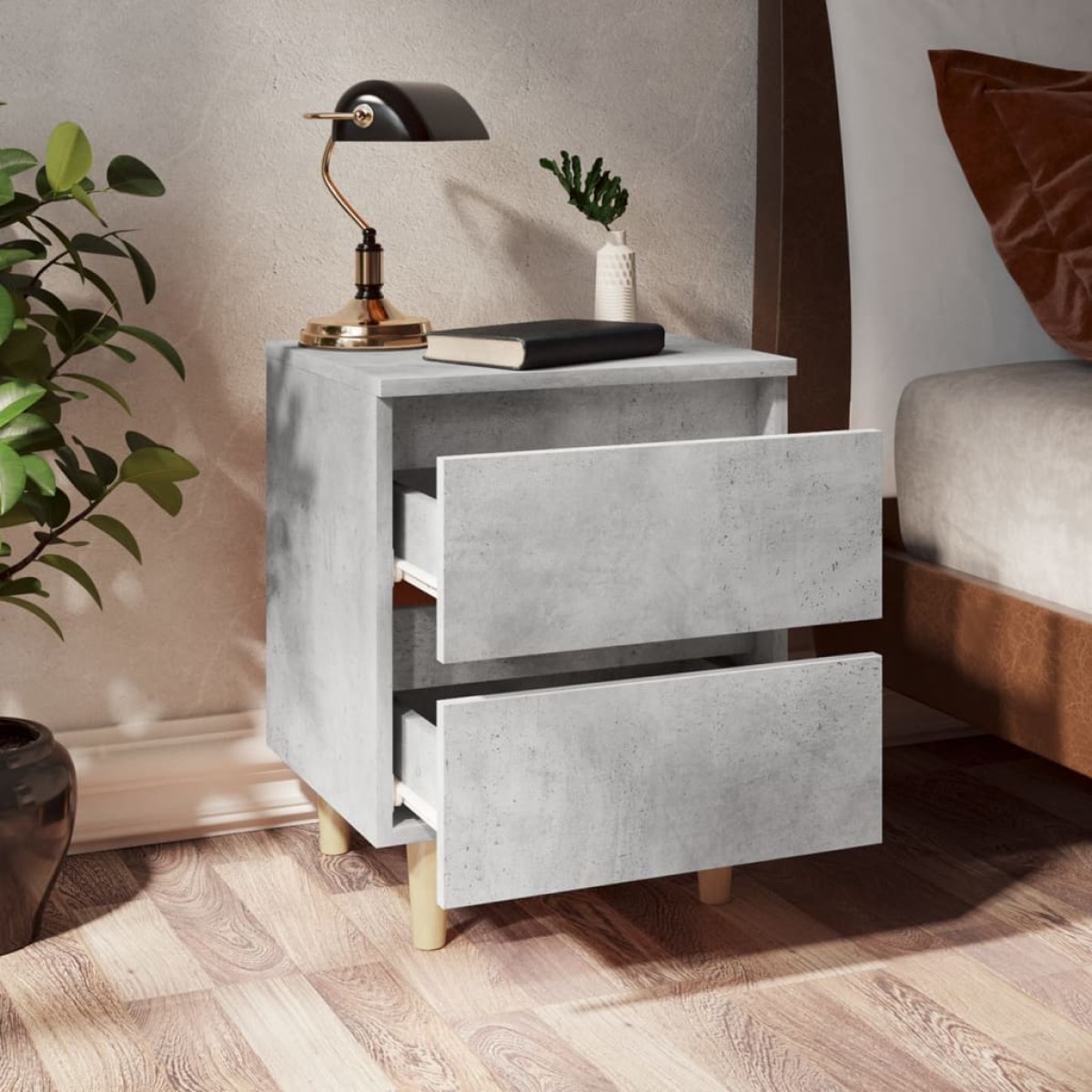 vidaXL Κομοδίνο Γκρι Σκυροδ. 40x35x50εκ. & Πόδια από Μασίφ Ξύλο Πεύκου