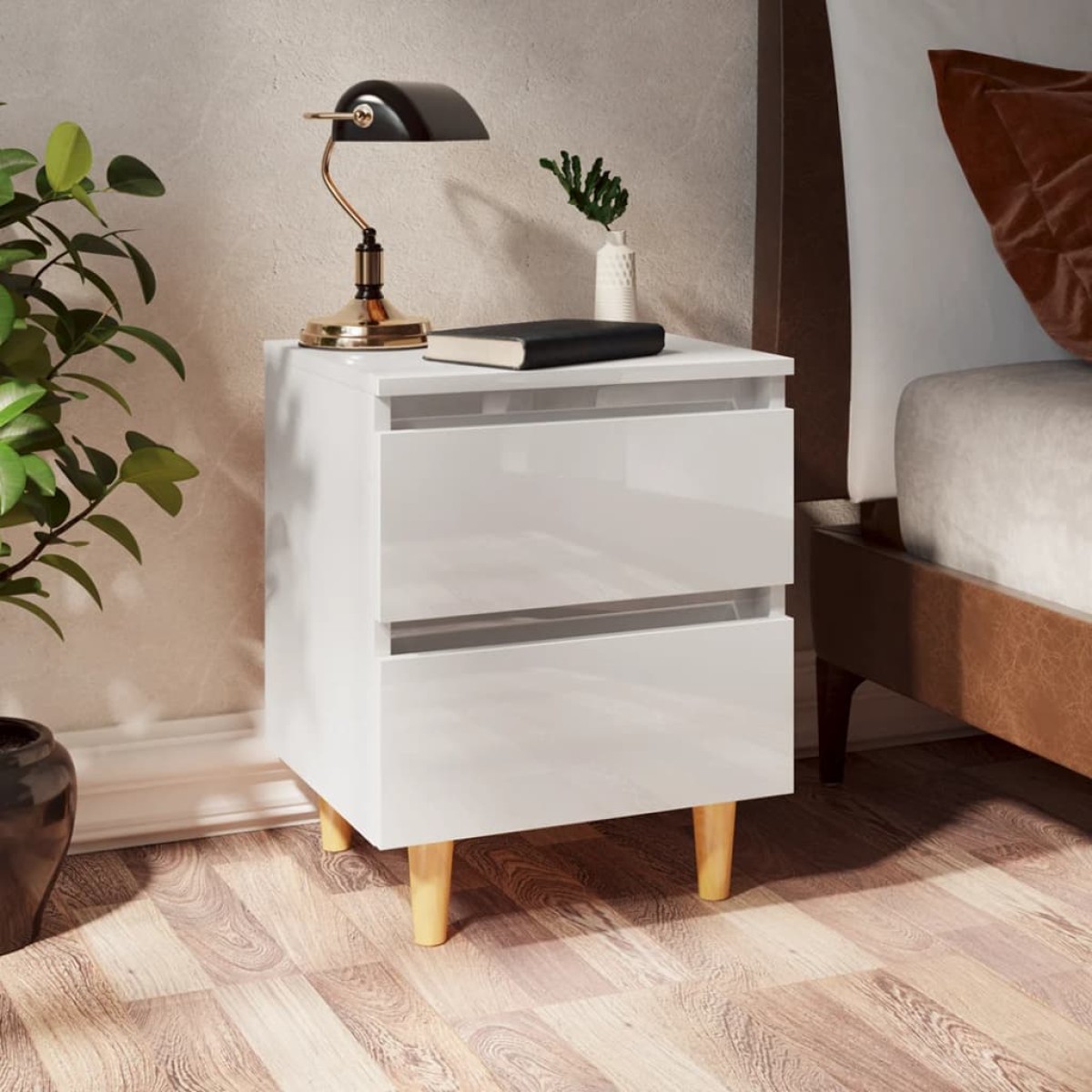 vidaXL Κομοδίνα 2 τεμ. Γυαλ. Λευκό 40x35x50εκ. & Πόδια από Ξύλο Πεύκου