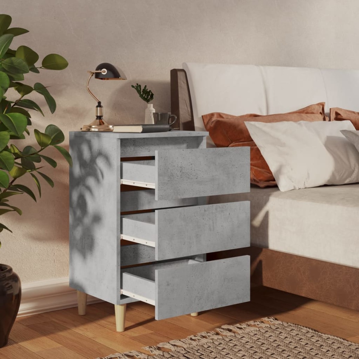 vidaXL Κομοδίνο Γκρι Σκυροδέματος 40 x 35 x 69 εκ. Μασίφ Ξύλινα Πόδια